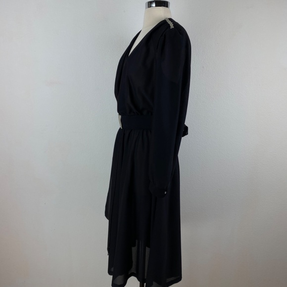 Vintage 80s Black Cocktail Dress Large Silver Beaded Drape Front Evening Formal - Picture 6 of 15